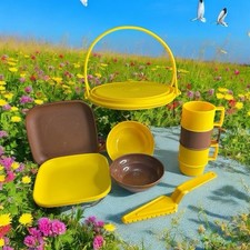 Vintage Tupperware Toy Miniature Pretend Play 9 Pc Picnic Set- Brown Yellow
