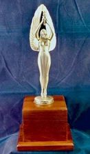Fabulous “Winged Victory” w/Torch Pewter tone Trophy Walnut Base Blank Art Deco