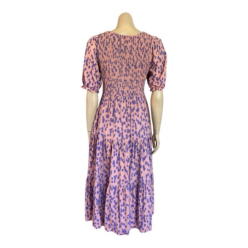Mister Zimi Josie Midi Dress Sz 12 Shirred Bodice Short Sleeve Pockets Pink Spot - Picture 6 of 12