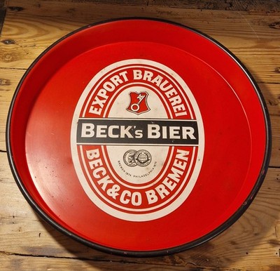 Altes Beck's Bier Bremen Vintage Tablett Metall rot Brauerei Deko Bar 33cm schön