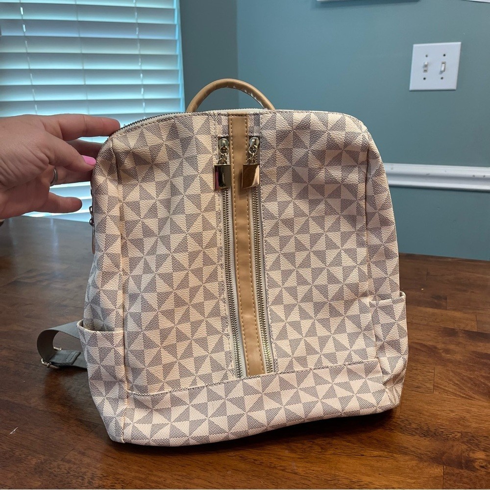 Cream Gray Geometric Patterned Backpack purse - image 1