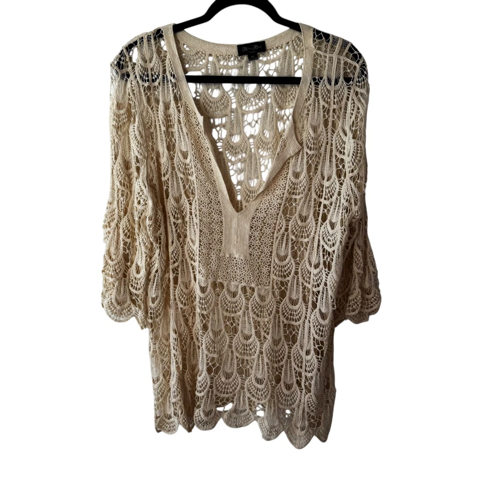 Brittany Black Women's Crochet Lace Swimsuit Cover Up Tunic 1XL Beige V-Neck - Image 2 of 4