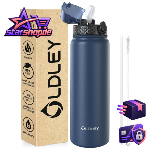 Edelstahl Trinkflasche 1L Isoliert Bpa-Frei Auslaufsicher Marineblau Sport Gym-image