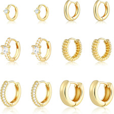 Small Gold Hoop Earrings Set for Women, 6 Pairs 14K Gold Plated Hypoallergenic L