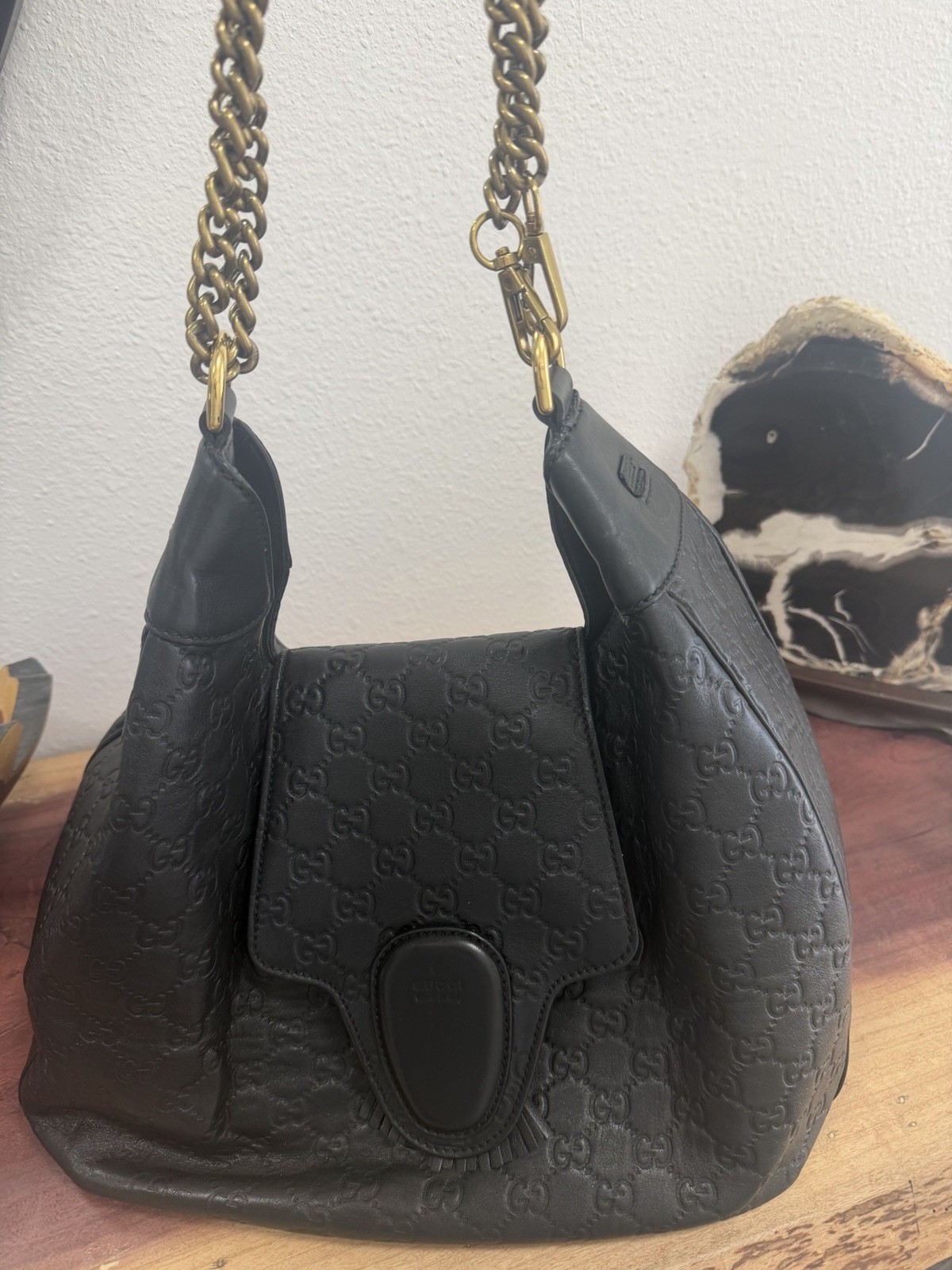 Gucci Black GG Embossed Shoulder Bag Gold Chain Strap Tassel Designer thumbnail 3