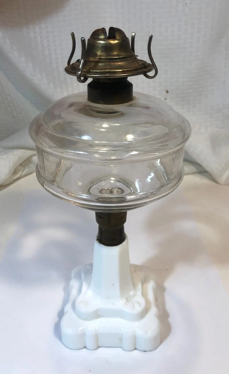 Antique Oil Lamp Pressed Opalescent Milk Glass Square Base P&A Burner Sandwich?