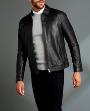 Men's Black Lambskin Leather Jacket Shirt Collar Minimalist Casual Out wear Coat