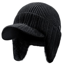 Winter Hat with Visor Warm Fleece Lined Beanie with Brim Ear Protection Cuff ...