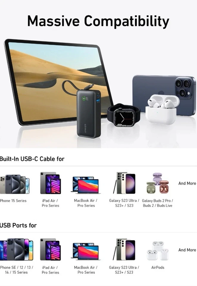 Anker Nano Power Bank. Built-In USB-C Cable 30W Bi-Directional Charging 10,000m - Image 3 of 4