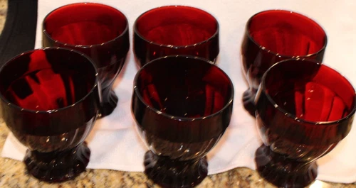 Six Vintage Anchor Hocking Royal Ruby Red Swirl Tumblers- 4" Tall - Holds 10 Oz