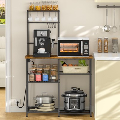Bakers Rack with Power Outlet, Kitchen Microwave Stand with 10 S-shaped Hooks...