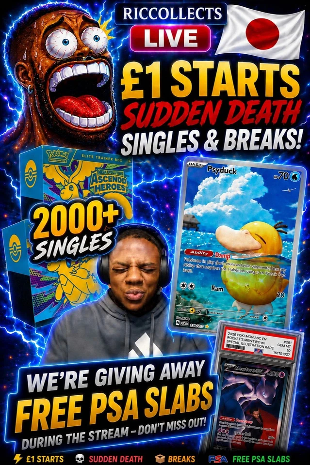 FREE PSA SLABS‼️ £1 STARTS SUDDEN DEATH 2000+ SINGLES ASCENDED HEROES BREAK