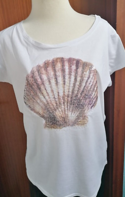   Fresh Made Shirt Top T-Shirt MUSCHEL   M L 40 Pailletten weiß