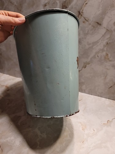 Vtg Teal Blue Floral Mid Century Trash Can Metal Steel 12in Oval Waste Basket - Picture 6 of 7