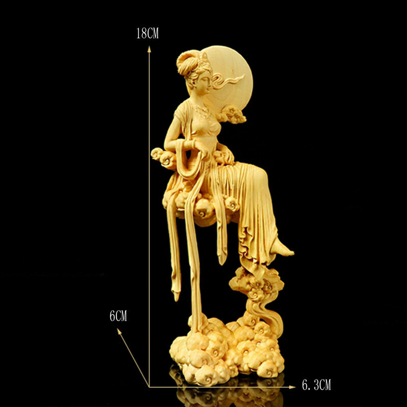 7" Boxwood Wood Carving Chang'e Statue Mythological Figure Sculpture