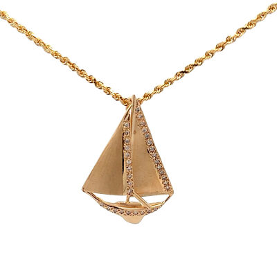 14KT. Gelbgold Segelboot mit Diamanten Anhänger (26 mm x 38 mm)