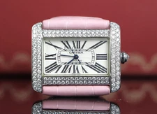 Cartier Tank Divan Steel Pave Aftermarket Set Diamond NEW Pink Band Watch 2612