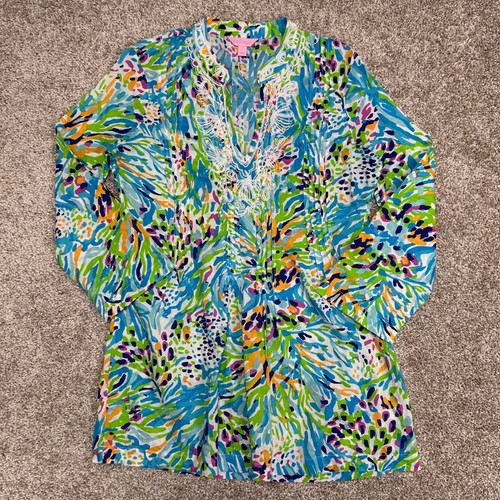 Lilly Pulitzer Sarasota Tunic Sea Soiree Women Size Small Beaded Cotton Floral - Picture 2 of 8