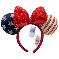 Disney- Parks USA Stars Stripes Flag Sequins Minnie Mickey Ears Bow Headband