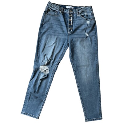 Kancan Womens Stormy High Rise Mom Jeans Size 13/30 Button Fly Grunge Distressed