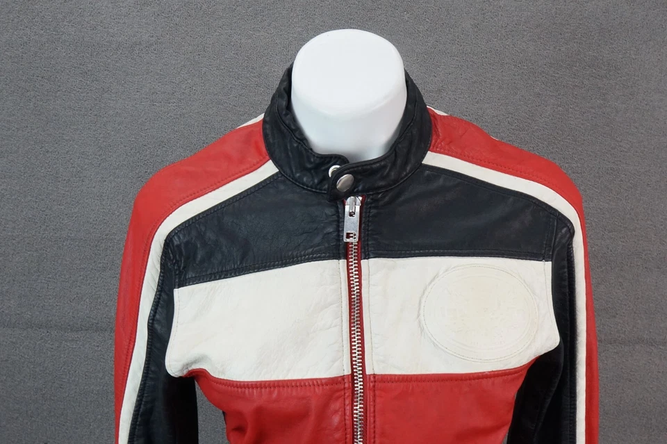 Diesel Mujer Chaqueta Motocicleta Cuero Vaca Rojo Negro Blanco Cremallera Completa Pequeña Foto 2 de 4