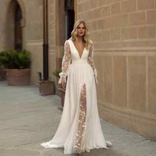 Wedding Dresses Deep V Neck Bridal Gowns Backless Appliques A-Line Sweep Train