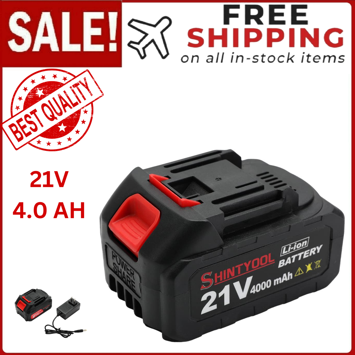 21V Lithium Battery - 4.0 Ah Battery with Charger Adapter Led