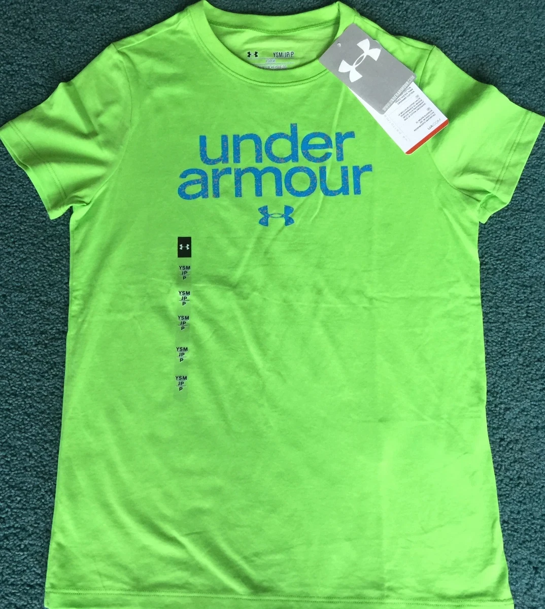 NWT Under Armour L Girls Lime Green Light Blue Silver Logo Heat Gear Shirt YLG
