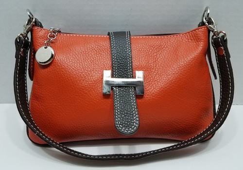 vera pelle tangerine & brown leather w/silver hardware handbag