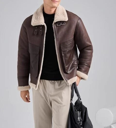 Chaqueta de cuero de oveja B3 WW2 RAF marrón para hombre bombardero volador de piel de oveja, NUEVA