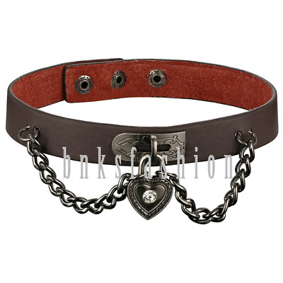 Women Men Gothic Punk Heart Lock Leather Choker Halloween Buckle Collar  Necklace