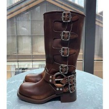Women Vintage Buckle Riding Block Heels Pull On Buckles Knee High Western Boots