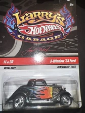 2008 Hot Wheels Larry's Garage 11/20 3-WINDOW '34 FORD Black w/Real Riders- NEW