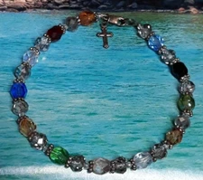 Multi Color Faceted Crystal Tennis Bracelet w/Dangling Cross Charm - Marked 925