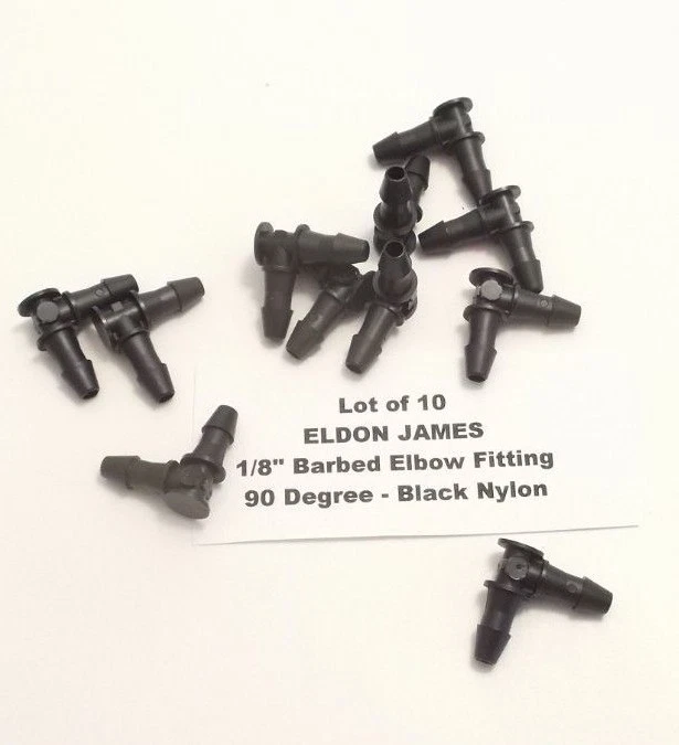 ELDON JAMES (Qty 10) 1/8" Hose Barb Elbow Fittings - 90 Degree - 1/8" x 1/8" - Black Nylon