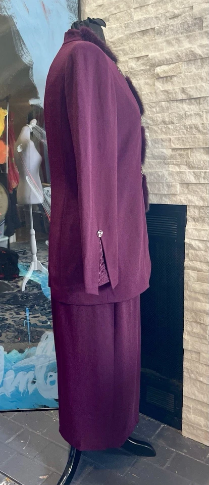 Conjunto de Traje Falda Ferre Gianni Nuevo con Etiquetas Púrpura Con Cuentas y Piel Forrada Talla 10 Foto 3 de 4