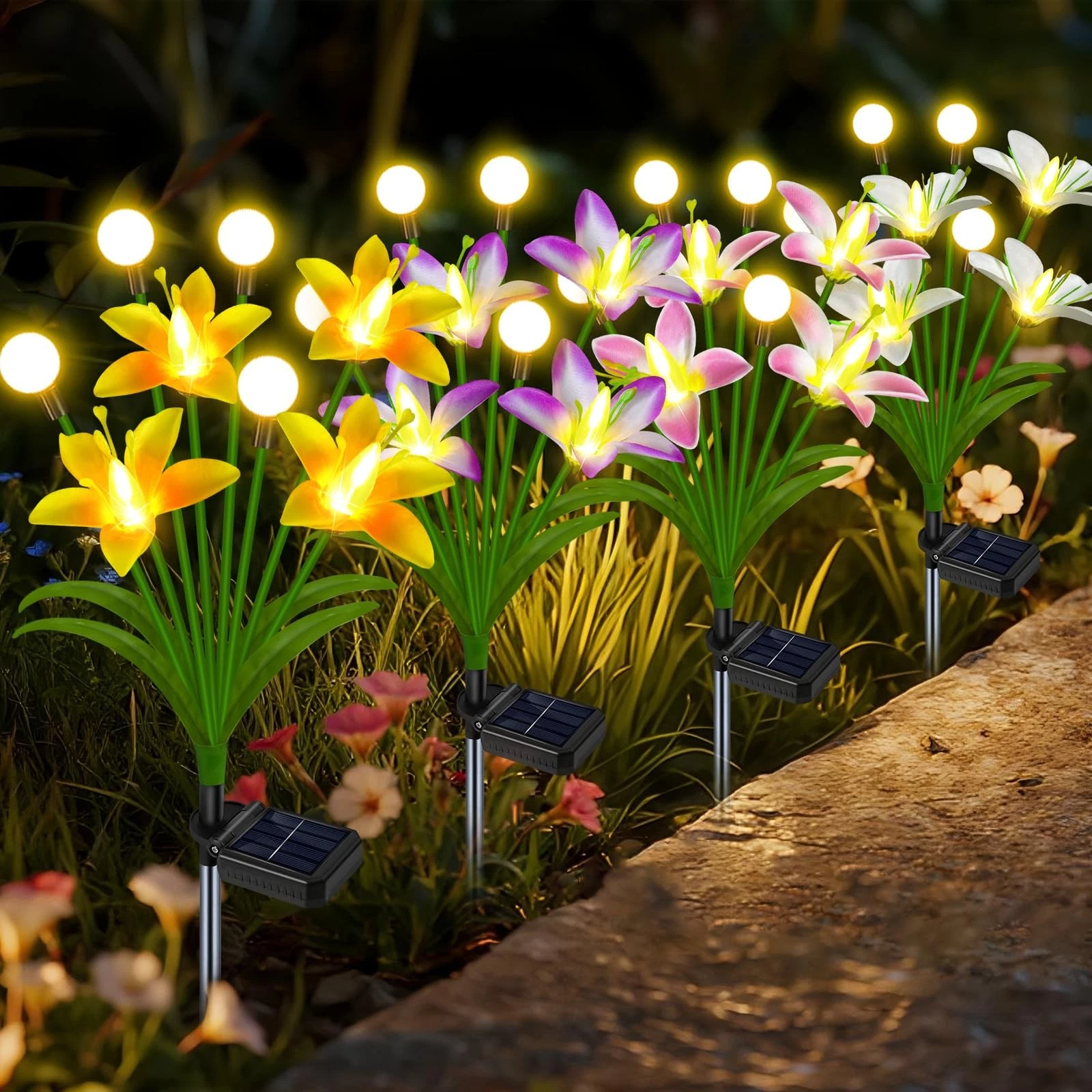 Solar Lights Outdoor Flowers Garden Decor,Firefly Lights with 4 Color Wild Li...