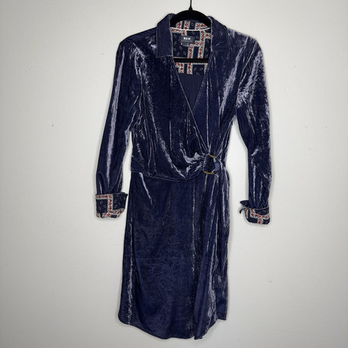 Anthropologie Maeve Blue Velvet Belted Wrap Dress Long Sleeve Mini Womens Size 8