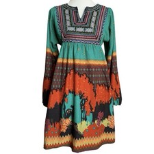 Embroidered Multicolored Boho Festival Western Deer Forest Long Sleeve Dress