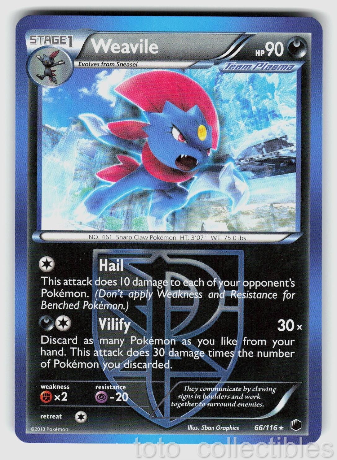 Weavile 66/116 Rare Plasma Freeze Pokemon Near Mint