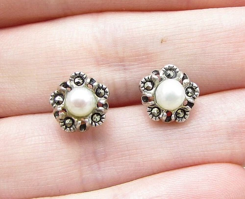 925 Sterling Silver Freshwater Pearl & Marcasite Floral Stud Earrings  EG1037
