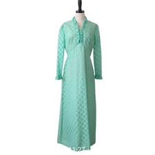 Vintage 1960-70s Maxi Lace Mint Green Dress L Long Sleeve Ruffle Eyelet Formal