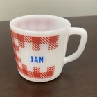 Westfield White Milk Glass Plaid Mug "JAN" Blue Letter Red Check 8 fl oz