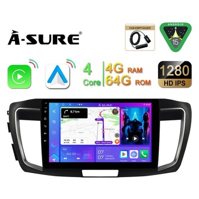 DAB+Carplay 4+64GB Autoradio Android 15 GPS WIFI Für Honda Accord IX 2013-2017