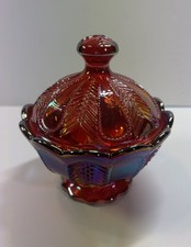 Vintage Imperial Glass, Red Carnival lidded candy dish, herringbone pattern