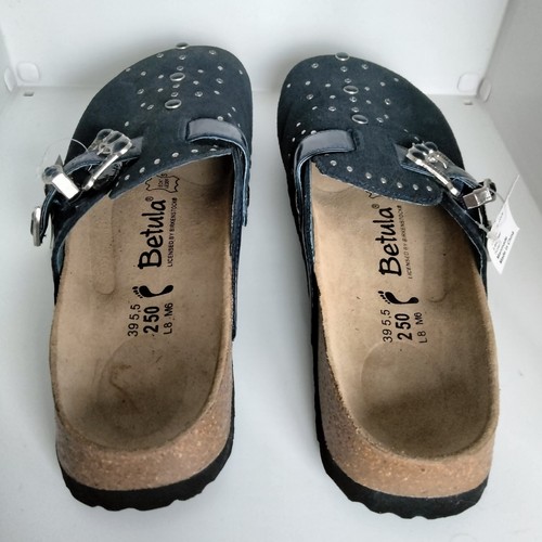 New Birkenstock Betula Rocko Suede Black/Blue Leather Buckle Clogs L8 2 Pair - Imagen 14 de 20