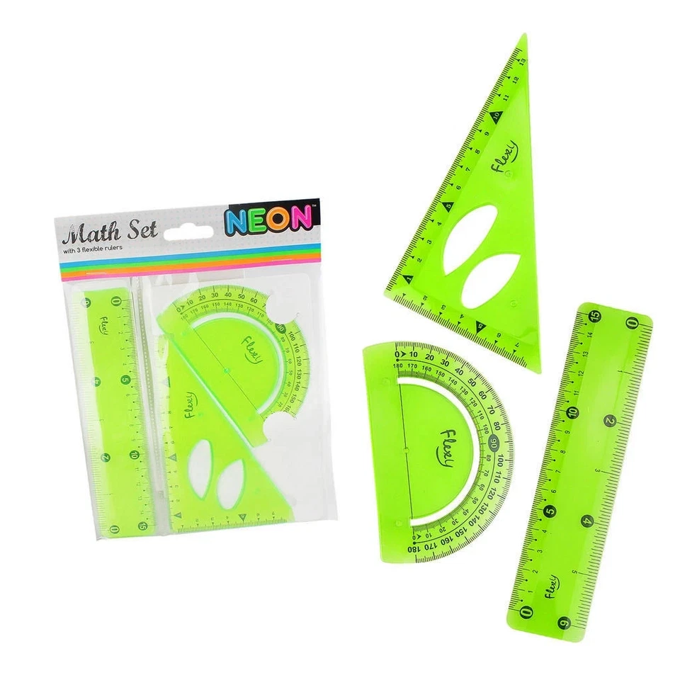 Neon Maths Set – Flexible Ruler, Protractor & Square 3PC Bright Colours for Scho - Image 4 of 4