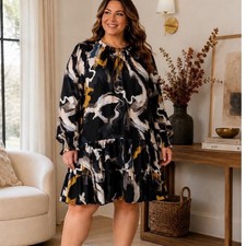 Nine West Dress Women XXL Black Abstract Swirl Tiered Long Sleeve Excellent