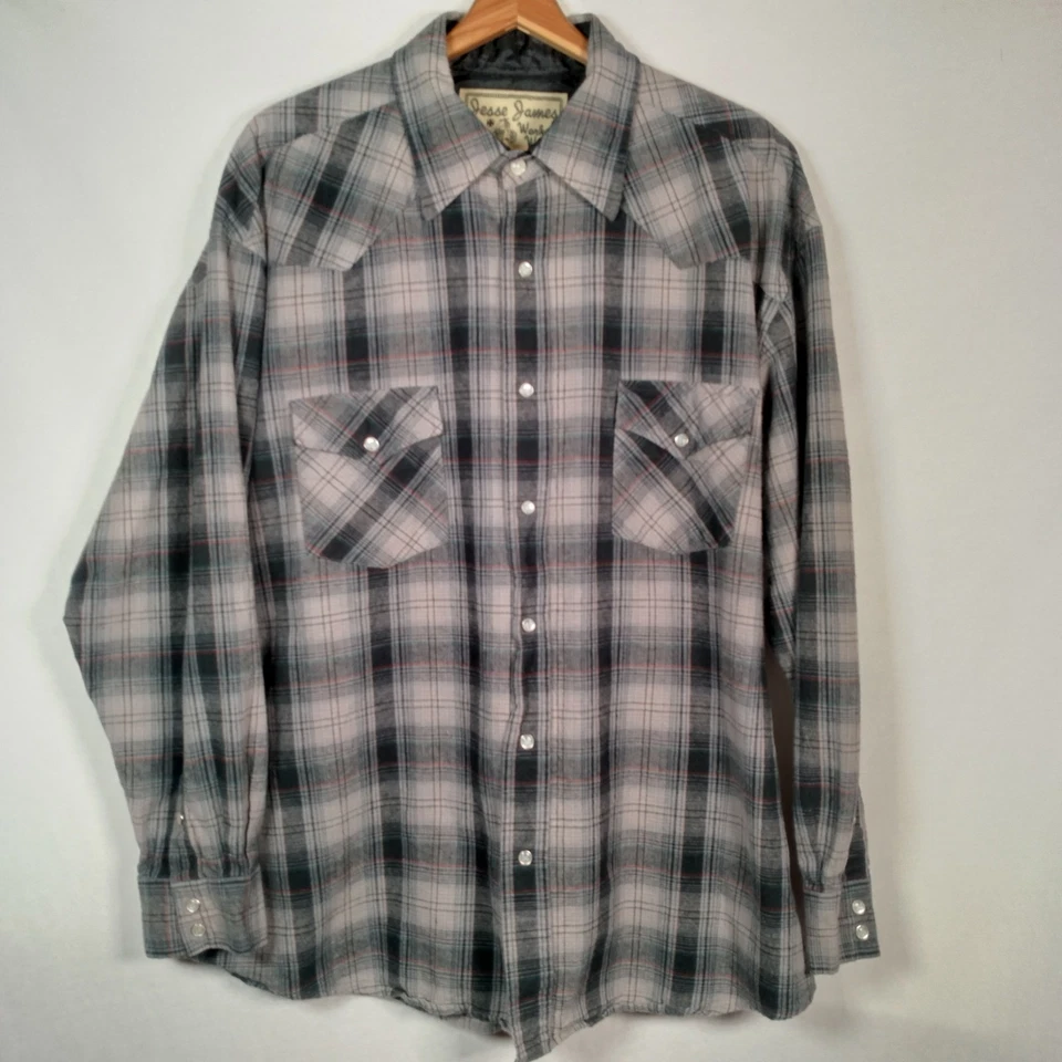 Jesse James Work Wear West Coast Choppers 衬衫男式 XL 灰色黑色格子骑手 — 第 3/4 张图片