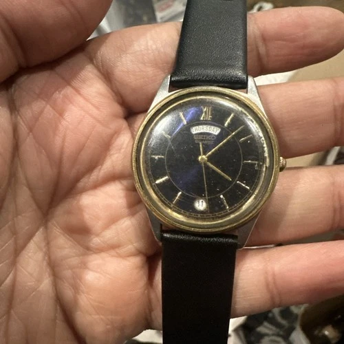 Runs Seiko Watch Men 35mm Blue Dial Black Day date Leather 7N43-8A39 New Battery